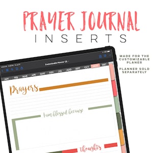 Peut inclure: Une page de planificateur numérique avec une mise en page de calendrier mensuel. La page est intitulée "Planificateur personnalisable (3)" et comprend les mois de janvier à décembre. La page comprend également une section pour "Prières" avec le texte "Je suis béni parce que" et une section pour "Pensées".