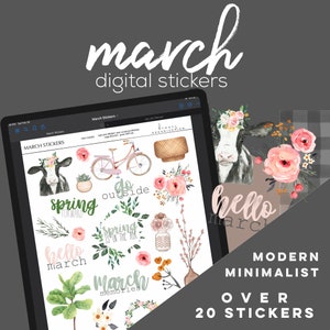 March Digital Stickers for Goodnotes, march modern minimalist digital stickers for digital planners | seasonal digital stickers