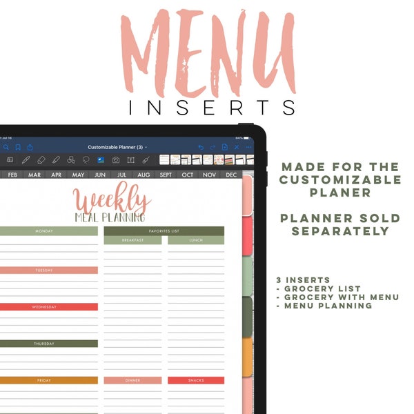 Grocery and Menu Digital INSERTS for the Customizable Digital Planner | Digital inserts only