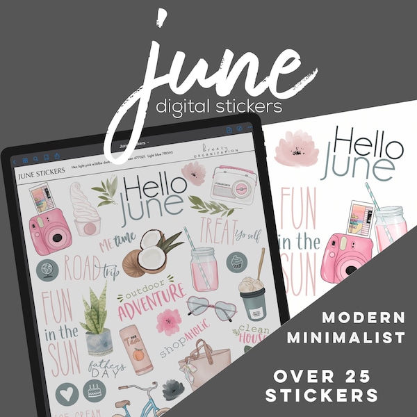 June Digital Stickers for Goodnotes, summer modern minimalist digital stickers for digital planners | seasonal digital stickers