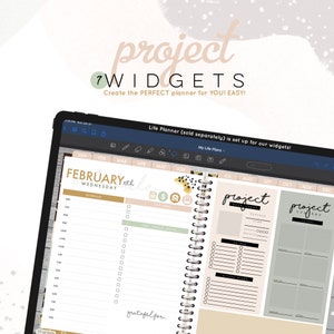 May include: A digital planner app on a tablet screen showing a February calendar with a daily schedule, a project tracker, and a "grateful for" section. The app also includes a "My Life Plans" section with a project tracker and a to-do list.