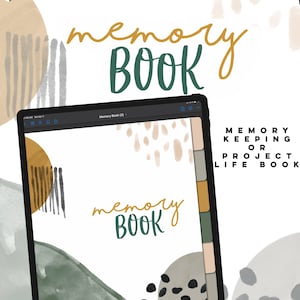 Può includere: Lo schermo di un tablet digitale mostra un modello di planner digitale con il testo "Memory Book" in lettere verdi e marroni. Lo sfondo è una tela bianca con forme astratte in tonalità di marrone, verde e grigio.