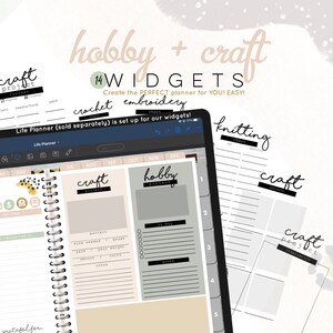 May include: A digital planner screen showing 14 craft and hobby project widgets. The widgets are labeled "Craft Project", "Hobby Project", "Crochet", "Embroidery", "Knitting", and "Craft". The screen is on a tablet with a black and blue case.