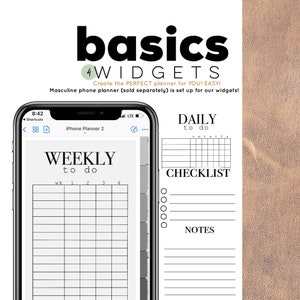May include: A screenshot of a phone displaying a weekly and daily planner app. The app has a simple design with black text on a white background. The weekly planner has a grid with columns for each day of the week and rows for each week of the month. The daily planner has a section for tasks, a checklist, and notes.