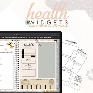 May include: A digital planner screen showing a health tracker with sections for sleep, water, and exercise. The planner is designed to help users track their health and wellness goals. The screen also shows a calendar with the months of May through December.