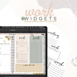 May include: A digital planner app screen showing a variety of work-related widgets. The widgets include a work plan, work expenses, meeting notes, work goals, and a to-do list. The widgets are designed to help users stay organized and on track with their work.