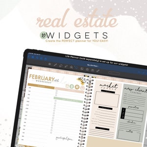 May include: A digital planner for real estate professionals with 10 widgets. The planner includes sections for scheduling, market updates, and new client tracking. The planner is designed to help real estate agents stay organized and on top of their business.