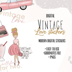 May include: Digital stickers with a vintage theme. The stickers feature a pink car, a woman in a pink dress, a typewriter, a milkshake, and text that says "Vintage Love Stickers", "Together is our favourite place to be", and "Milkshake for two".