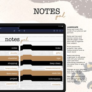 May include: A digital planner page with the title "Notes pal" and a list of categories for notes, including "notes", "doodle", "checklist", "shopping", "brain dump", "fave menu", "project", "passwords", "links", "gifts", "tips", "deep clean", "measurements", "wish list", "information", and "contacts".