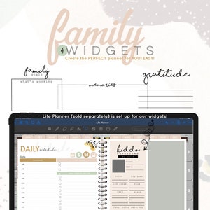 May include: A digital planner page with a daily schedule, a kiddo favorites section, and a gratitude section. The planner is designed to help families organize their lives and track their goals.