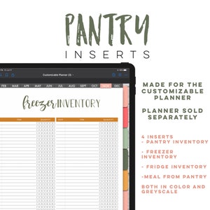 May include: A digital planner page with the title "freezer inventory" and columns for item, quantity, and date. The page is part of a customizable planner with tabs for different categories, including pantry, freezer, and fridge inventory. The planner is available in both color and grayscale.
