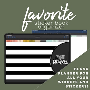 Könnte beinhalten: Eine digitale Planer-App auf einem Tablet-Bildschirm mit einem schwarz-weiß gestreiften Hintergrund. Die App ist mit "Fave Stickers" beschriftet und hat Kategorien für "Favoriten", "Arbeit", "Essen", "Reisen", "Kunden", "Wöchentlich", "Monatlich" und "Täglich". Die App soll Benutzern helfen, ihre Sticker zu organisieren.