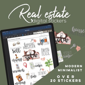 May include: A digital sticker sheet with over 20 modern minimalist real estate themed stickers. The stickers feature watercolor illustrations of houses, keys, and other real estate related items. The text on the stickers includes "house hustler", "licensed to sell", "closing day", "research comps", "open house", "showing", "break time", "meeting", and "new listing".