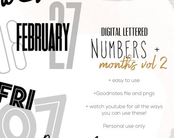 Numbers and Months Stickers for Goodnotes, spring modern minimalist digital stickers | Numbers, months and day digital stickers