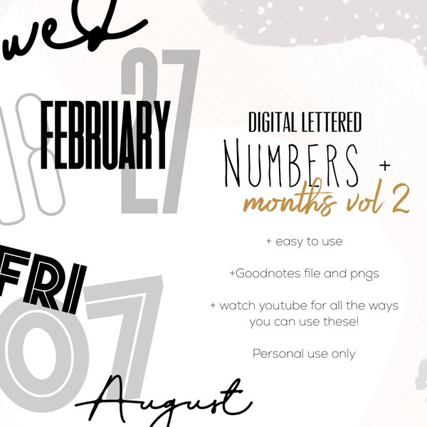 Numbers and Months Stickers for Goodnotes, spring modern minimalist digital stickers | Numbers, months and day digital stickers