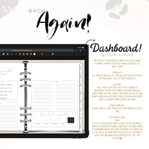 May include: Digital planner with a black binder and a screen showing a dashboard with quick links and templates. The planner includes sections for travel plans, tracking lists, and more. Text on the screen says "Back Again!" and "Dashboard!"