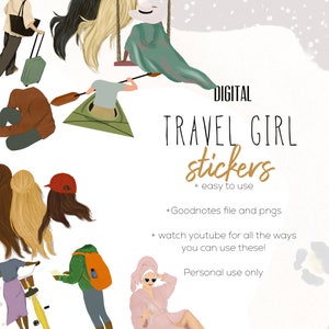 May include: Digital stickers featuring illustrations of women traveling. The stickers are in various poses, including on a swing, in a kayak, and riding a bicycle. The text "DIGITAL TRAVEL GIRL stickers + easy to use" is displayed on the image.