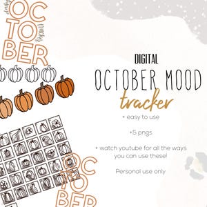 Puede incluir: Rastreador digital del estado de ánimo de octubre con ilustraciones de calabazas y el texto "October Mood Tracker". Incluye +5 PNG y instrucciones para uso personal. El diseño presenta un tema otoñal con calabazas naranjas y blancas.