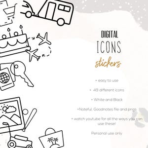Puede incluir: Iconos y pegatinas digitales en blanco y negro, con un título dorado. La imagen incluye ilustraciones de una tarta, un avión, un pasaporte, una llave y otros iconos. El texto de la imagen dice "Digital Icons stickers".