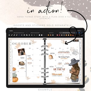 May include: A digital planner on a tablet, showing an October calendar page with illustrations of pumpkins, coffee, and autumn leaves. Text includes "October," "Anniversary," and "Retreat."