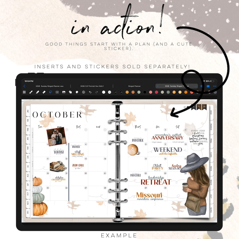 May include: A digital planner on a tablet, showing an October calendar page with illustrations of pumpkins, coffee, and autumn leaves. Text includes "October," "Anniversary," and "Retreat."
