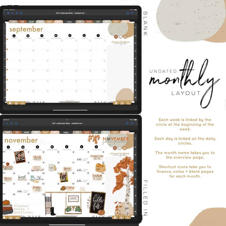 May include: A digital planner with a monthly layout for November. The planner has a fall theme with illustrations of pumpkins, leaves, and a cozy fireplace. The text "Choose kindness" is written on the page.