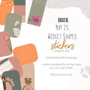 May include: Digital widget shapes and stickers with a variety of designs, including a goose, a tulip, and floral elements. The text reads "Spring I've been waiting for you" and "May 25". Includes Goodnotes files and PNGs.