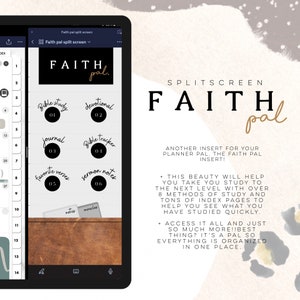 May include: A digital planner screen showing a split screen with the text "FAITH pal" in gold lettering on a black background. The left side of the screen shows a list of topics for a faith-based planner, including "Bible study", "devotional", "journal", "Bible tracker", "favorite verses", and "sermon notes". The right side of the screen shows a description of the planner, which includes the text "This beauty will help you take your study to the next level with over 8 methods of study and tons of index pages to help you see what you have studied quickly." and "Access it all and just so much more!! Best thing? It's a pal so everything is organized in one place."