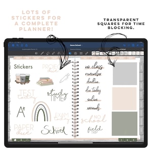 Op de afbeelding: Een digitale planner-app op het scherm van een tablet met stickers voor een planner. De stickers zijn in verschillende kleuren en ontwerpen, waaronder koffiebekers, regenbogen en schoolthema-stickers. De app bevat ook transparante vierkanten voor tijd blokkering. De tekst op het scherm omvat "Stickers", "Project Due", "Study Time", "Exam Today", "Back to School", "No Class", "Remember Deadline", "Due Today", "Online Errands", "No School", "Field Trip", en "Test Today".