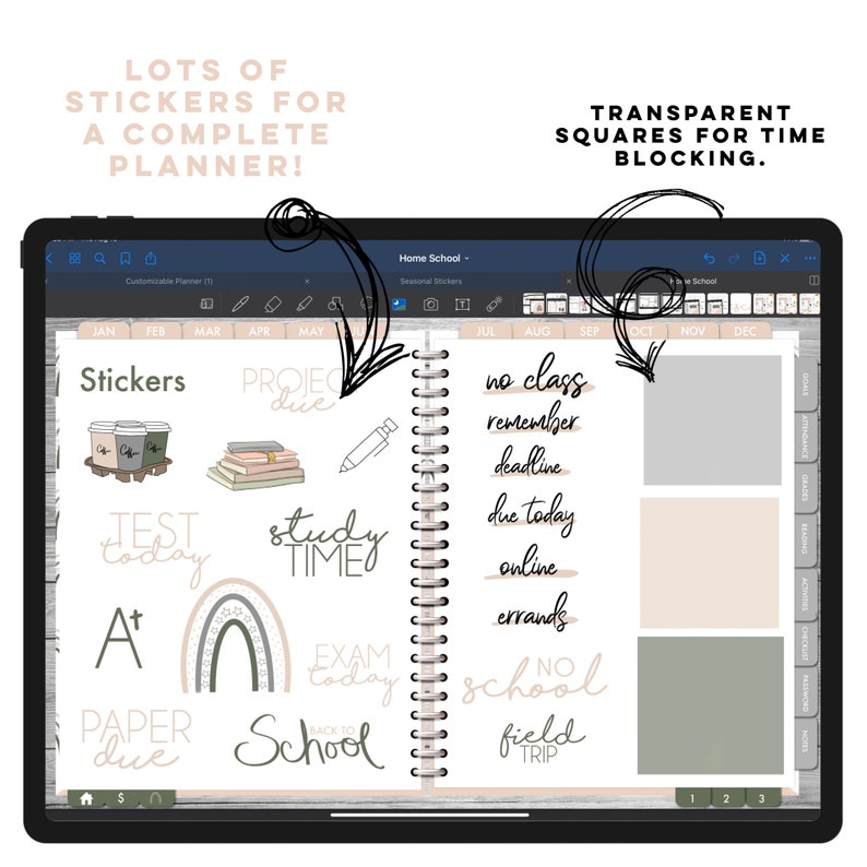 Op de afbeelding: Een digitale planner-app op het scherm van een tablet met stickers voor een planner. De stickers zijn in verschillende kleuren en ontwerpen, waaronder koffiebekers, regenbogen en schoolthema-stickers. De app bevat ook transparante vierkanten voor tijd blokkering. De tekst op het scherm omvat "Stickers", "Project Due", "Study Time", "Exam Today", "Back to School", "No Class", "Remember Deadline", "Due Today", "Online Errands", "No School", "Field Trip", en "Test Today".