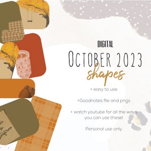 May include: Digital October 2023 shapes for Goodnotes. The image shows a collection of fall-themed shapes in various colors, including orange, brown, green, and beige. The shapes are arranged in a collage style and include a cup of coffee, a swing set, a plaid pattern, and a leaf.