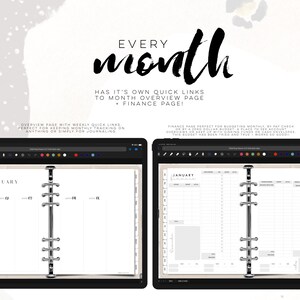 May include: Digital planner with the text "Every month" and "Finance Page". The planner has a black cover and silver binder rings. The overview page has weekly quick links for monthly tracking. The finance page is for budgeting.