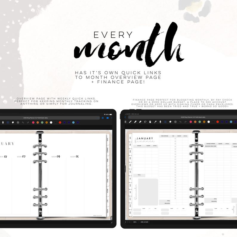 May include: Digital planner with the text "Every month" and "Finance Page". The planner has a black cover and silver binder rings. The overview page has weekly quick links for monthly tracking. The finance page is for budgeting.
