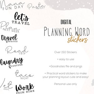 Puede incluir: Pegatinas de palabras de planificación digital en texto negro sobre fondo blanco. El texto incluye frases como "let's travel", "plan next week", "travel & snacks", "road trip", "laundry & youtube", "taco night", "let appt", y "work from home". El texto también incluye la frase "Over 150 Stickers", "easy to use", "Goodnotes file and pngs", "Practical word stickers to make your planning layout cute and easy!", y "Personal use only".