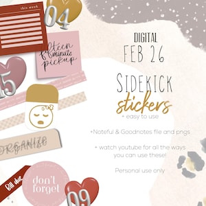 May include: Digital planner stickers with the text "SIDEKICK stickers + easy to use." The image features various sticker designs in pink, brown, and gold, with text such as "this week," "organize," and "don't forget."