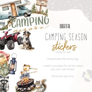 May include: Digital camping season stickers featuring a campervan, quad bike, dog, campfire, and wildlife illustrations. Text includes "Camping Season Stickers" and "easy to use."