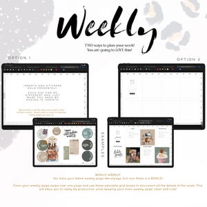 May include: Digital weekly planner with two planning options. Option 1 includes inserts and stickers sold separately. Option 2 is a blank weekly layout. Examples of grid boxes are shown. Text reads "Weekly" and "You are going to LOVE this!"