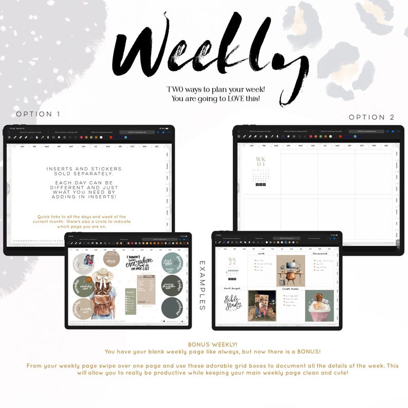 May include: Digital weekly planner with two planning options. Option 1 includes inserts and stickers sold separately. Option 2 is a blank weekly layout. Examples of grid boxes are shown. Text reads "Weekly" and "You are going to LOVE this!"