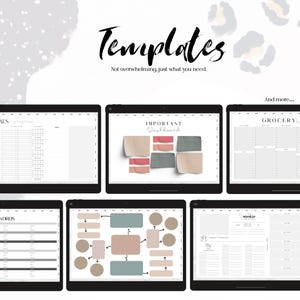 May include: A collection of digital templates displayed on tablets. The word "Templates" is written in a stylish font. The templates include a goal tracker, a dashboard with sticky notes, a grocery list, and more. The background has a watercolor design.