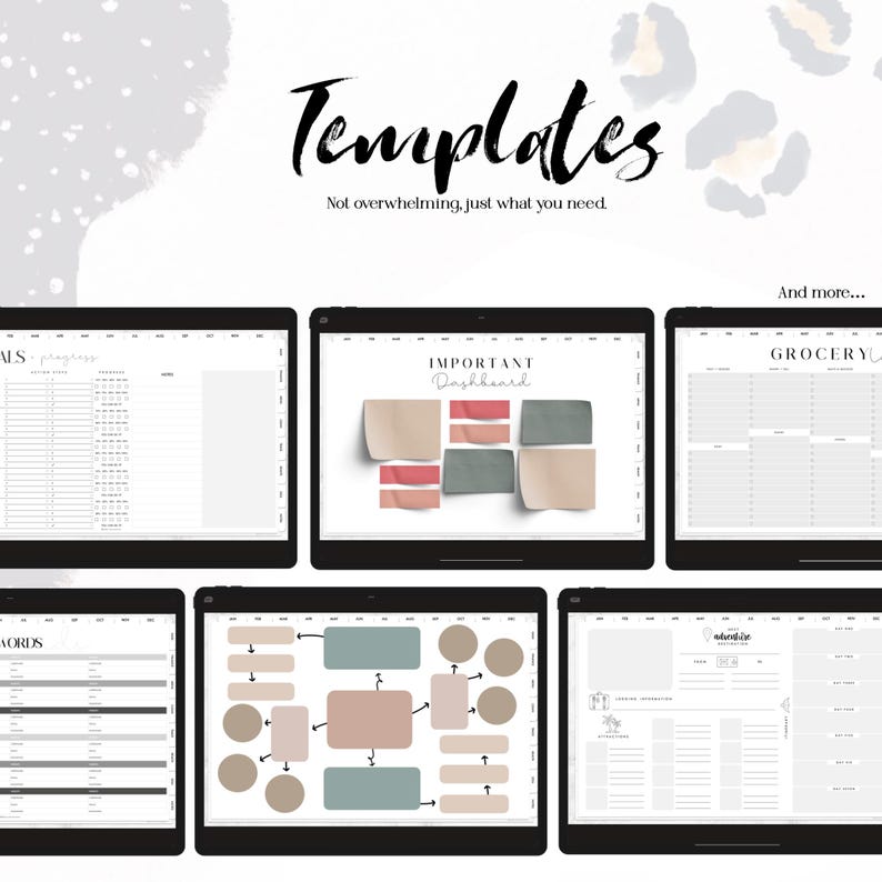 May include: A collection of digital templates displayed on tablets. The word "Templates" is written in a stylish font. The templates include a goal tracker, a dashboard with sticky notes, a grocery list, and more. The background has a watercolor design.