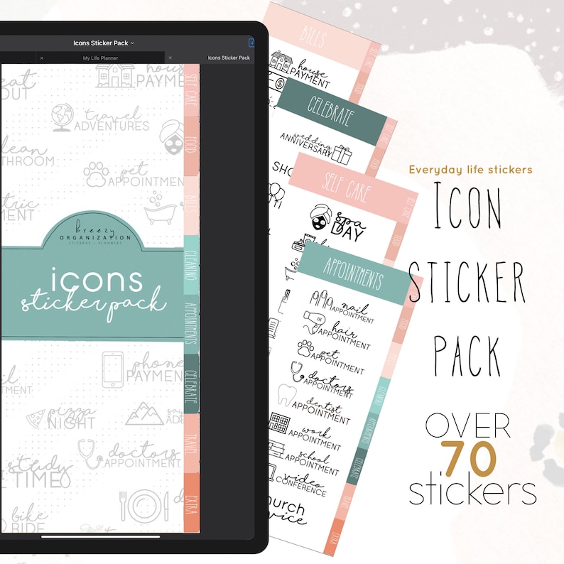May include: A digital planner screen displaying a sticker pack with over 70 icons for everyday life. The icons are black and white and include categories like appointments, bills, self-care, and travel. The sticker pack is labeled "Icon Sticker Pack" and "Over 70 Stickers".