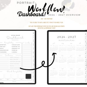 Puede incluir: Una interfaz de planificador digital que muestra un panel de flujo de trabajo vertical para 2026-2027. La pantalla izquierda muestra plantillas, secciones y p&aacute;ginas en blanco. La derecha presenta un calendario 2026-2027 con una flecha negra.