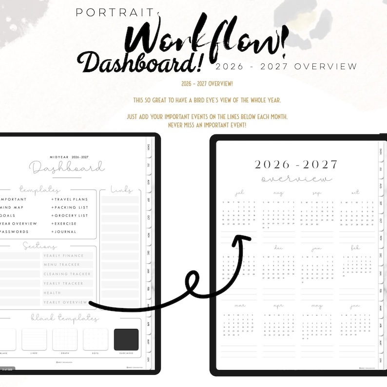 Puede incluir: Una interfaz de planificador digital que muestra un panel de flujo de trabajo vertical para 2026-2027. La pantalla izquierda muestra plantillas, secciones y p&aacute;ginas en blanco. La derecha presenta un calendario 2026-2027 con una flecha negra.