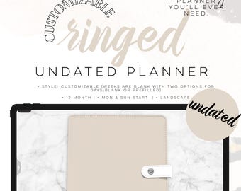 May include: An undated, ringed planner with a cream-colored cover and white clasp. The planner is displayed on a marble-patterned background. Text on the image reads "Customizable Ringed Undated Planner."