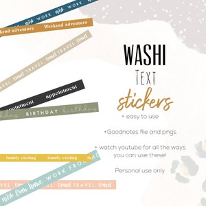 May include: A digital planner sticker set with text labels in various colors, including beige, green, blue, and black. The text labels include "Weekend adventure", "Travel", "Appointment", "Birthday", "Family visiting", "Work from home", and "Washi Text Stickers".