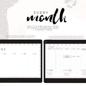 May include: Digital planner with the text "Every Month" and "Finance Page". The image shows two tablets displaying planner pages. One tablet shows a weekly overview, and the other shows a finance page with budget categories.