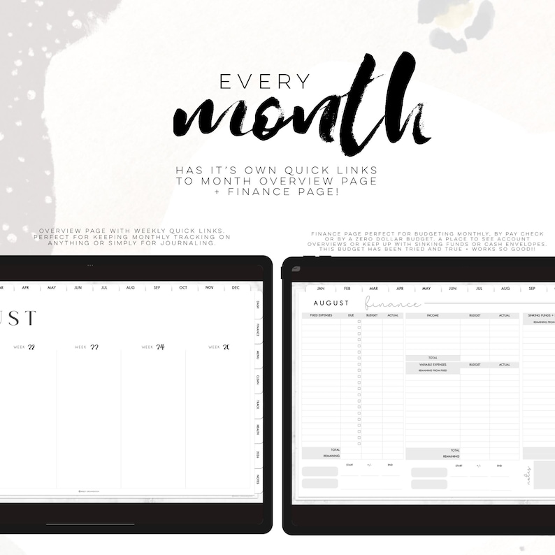 May include: Digital planner with the text "Every Month" and "Finance Page". The image shows two tablets displaying planner pages. One tablet shows a weekly overview, and the other shows a finance page with budget categories.