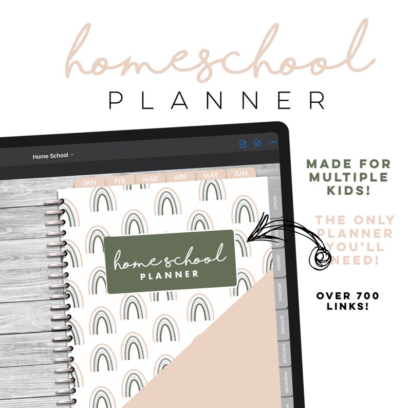 Op de afbeelding: Een digitale planner voor homeschooling met een groene omslag waarop "homeschool planner" staat. De planner heeft een regenboogpatroon en bevat tabbladen voor elke maand van het jaar, evenals secties voor doelen, cijfers, lezen, activiteiten, checklists, wachtwoorden en notities.