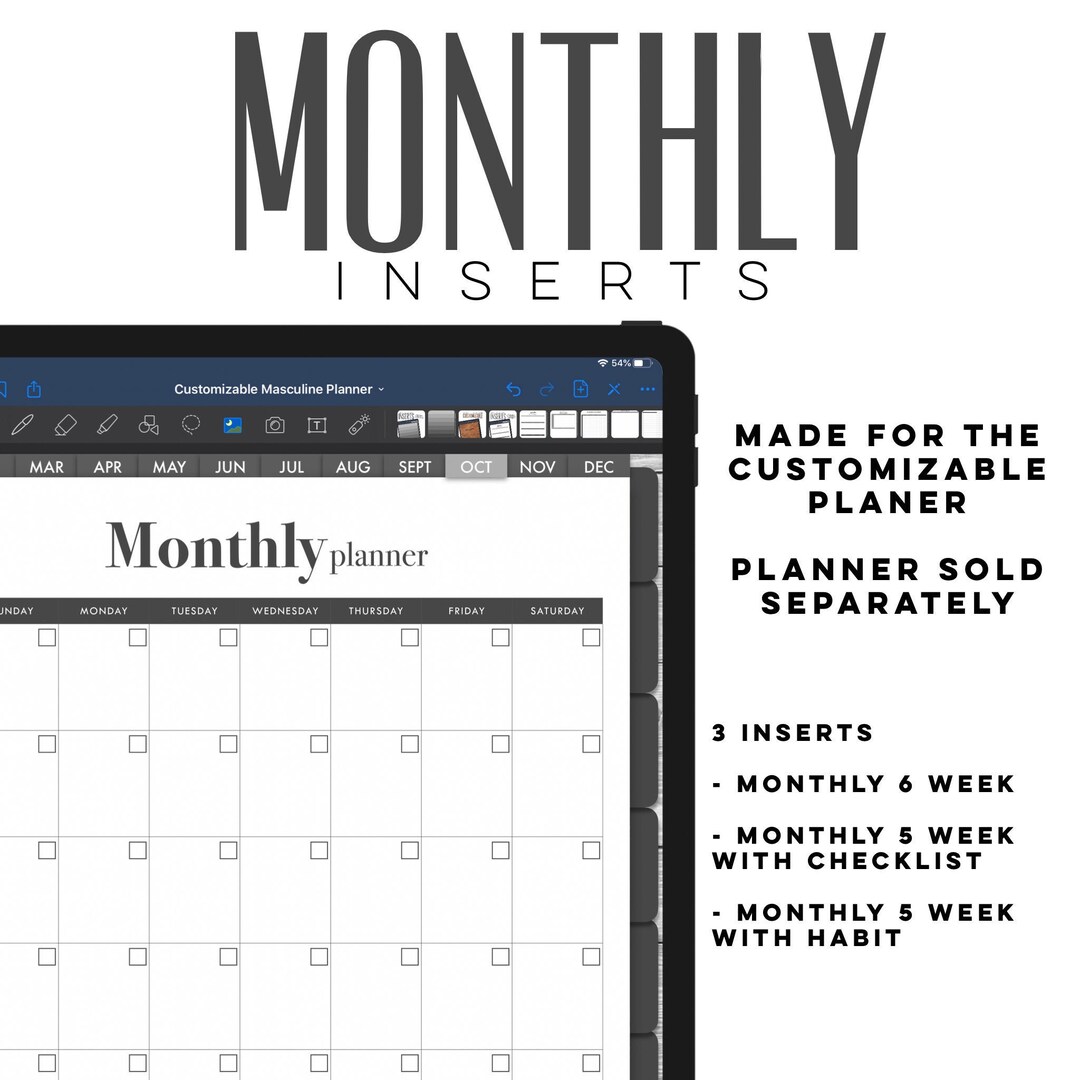 Monthly Planner Masculine Digital INSERTS for the Customizable Digital