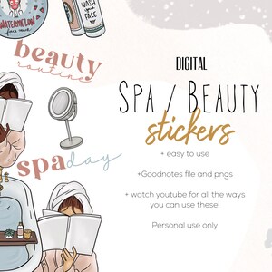 May include: Digital stickers for Goodnotes featuring illustrations of spa and beauty related items. The stickers include a woman reading a book in a bathrobe, a mirror, a bottle of face wash, and the text "beauty routine" and "spa day".